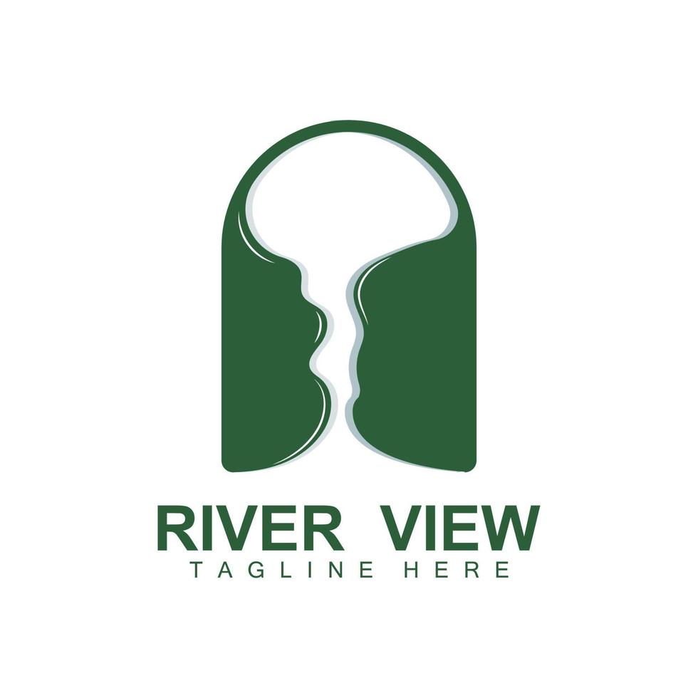 diseño del logo del río, vector de la cala del río, ilustración de la orilla del río con una combinación de montañas y naturaleza, marca de producto