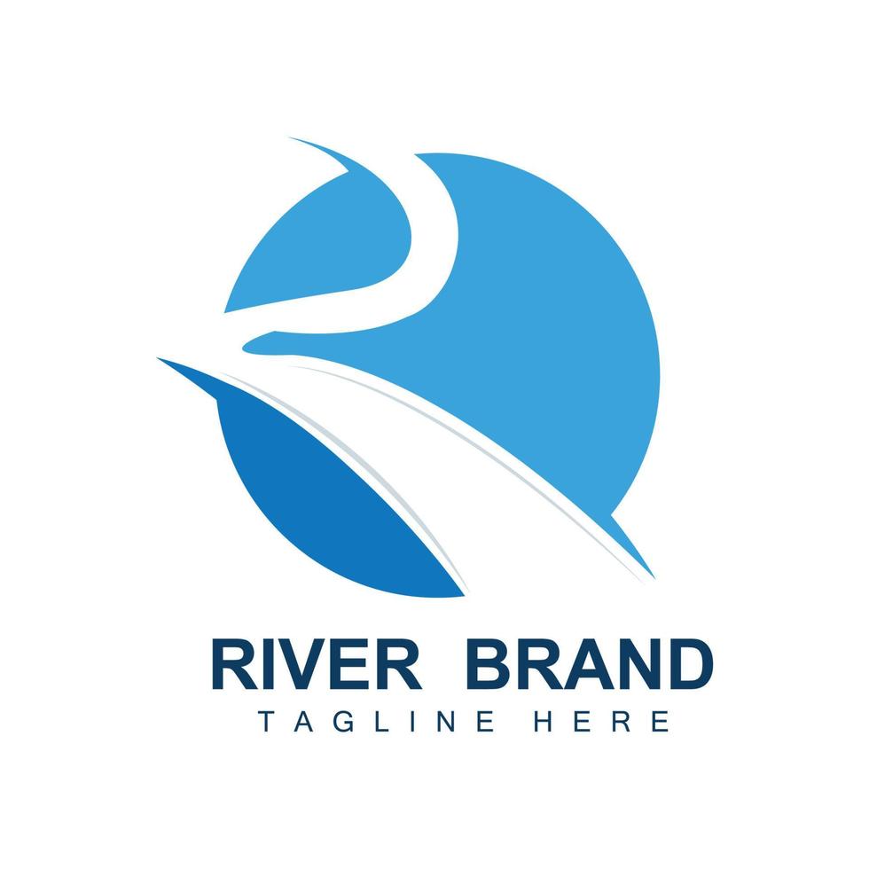 diseño del logo del río, vector de la cala del río, ilustración de la orilla del río con una combinación de montañas y naturaleza, marca de producto