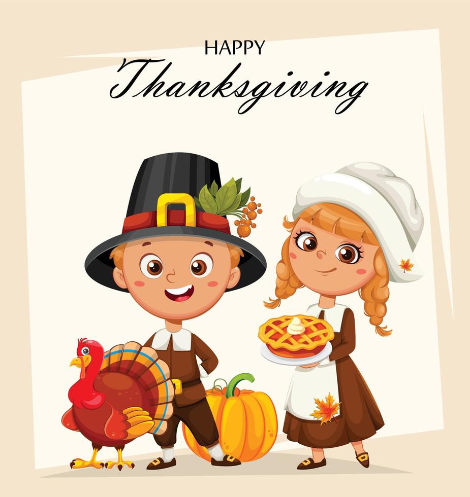 Happy Thanksgiving Day. Cute pilgrim boy and girl vector