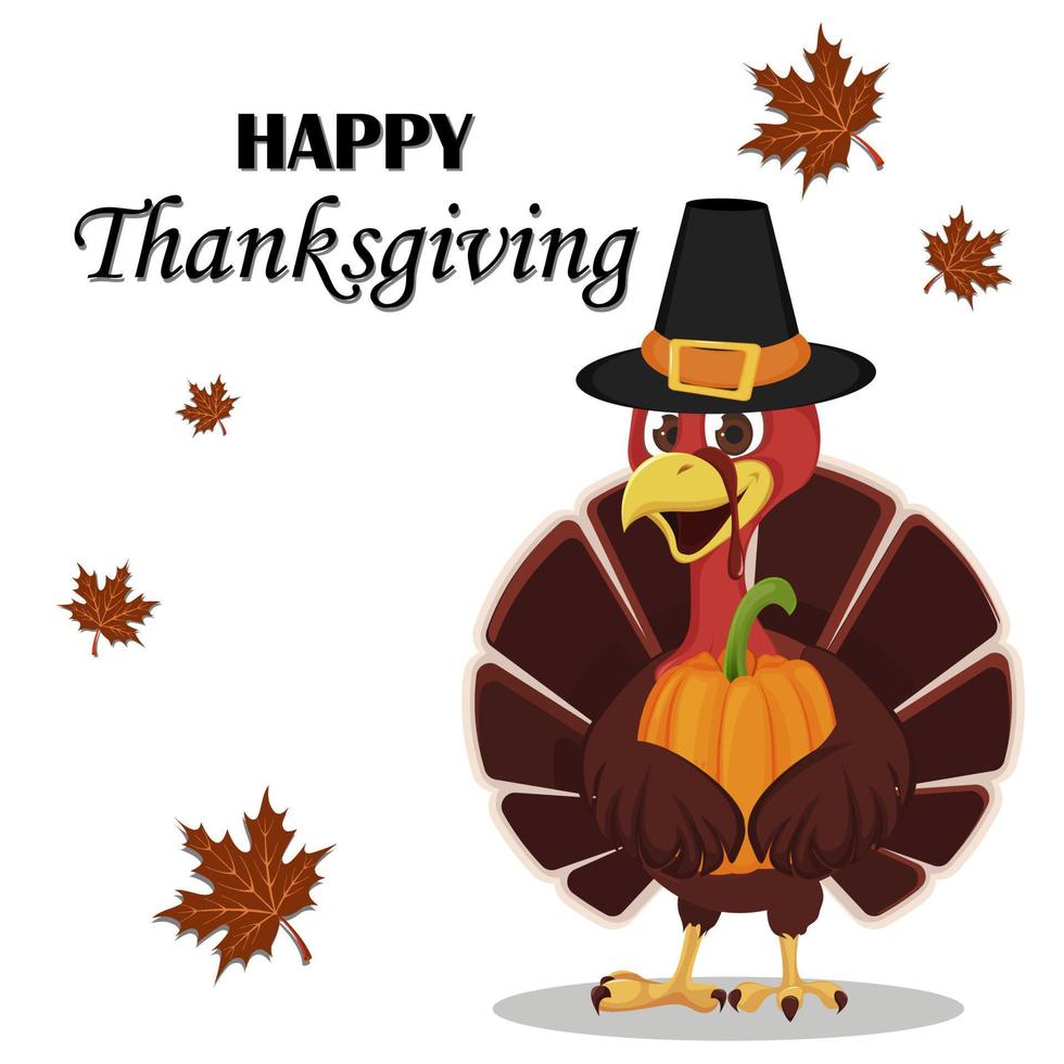 Thanksgiving greeting card with a turkey bird wearing a Pilgrim hat and holding pumpkin. vector