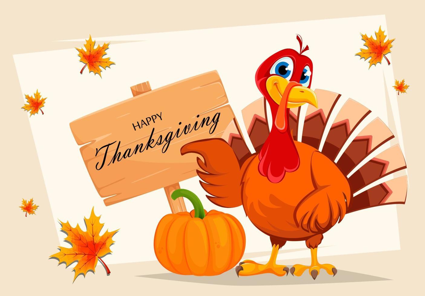 Thanksgiving turkey pointing on wooden sign vector