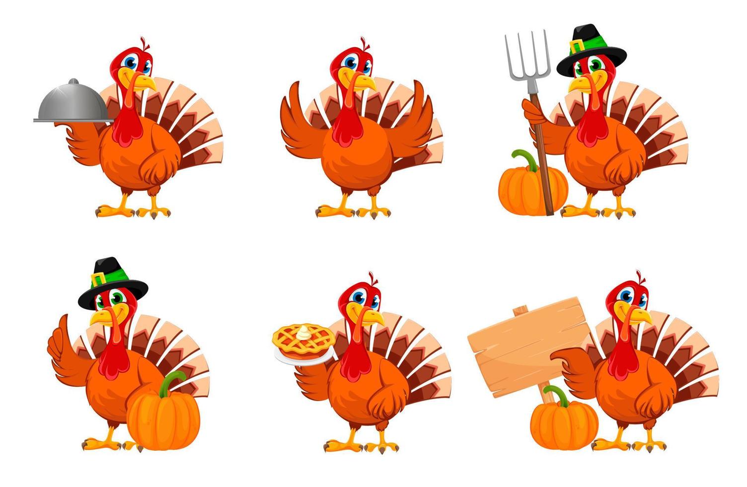 Thanksgiving turkey, set of six poses vector