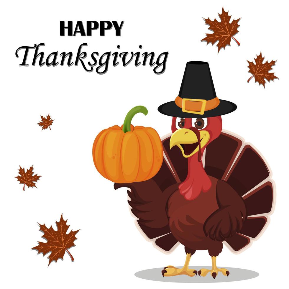 Thanksgiving greeting card with a turkey bird wearing a Pilgrim hat and holding pumpkin. vector