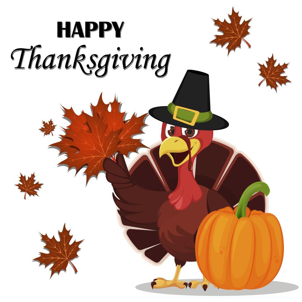 Thanksgiving greeting card with a turkey bird wearing a Pilgrim hat and holding maple leaves. vector