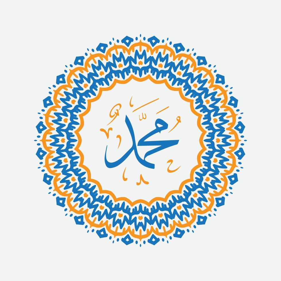 Mawlid al Nabi or al Mawlid al Nabawi greeting card with circle frame, all Arabic calligraphy text means Prophet Muhammads Birthday peace be upon him vector