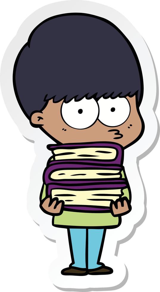 sticker of a nervous cartoon boy carrying books vector