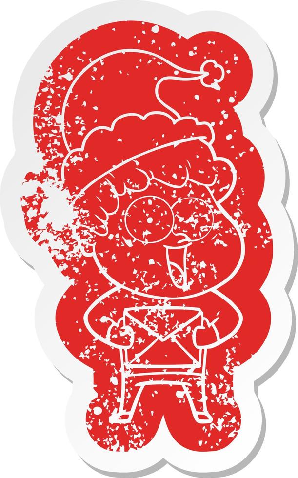 cartoon distressed sticker of a happy man wearing santa hat vector