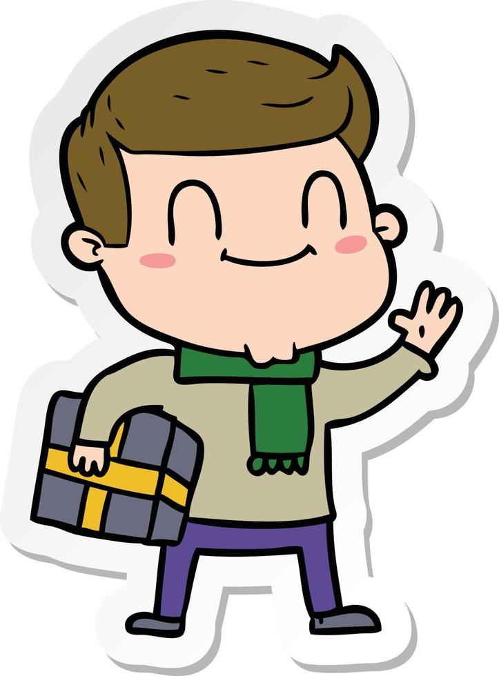 sticker of a cartoon friendly man with xmas gift vector