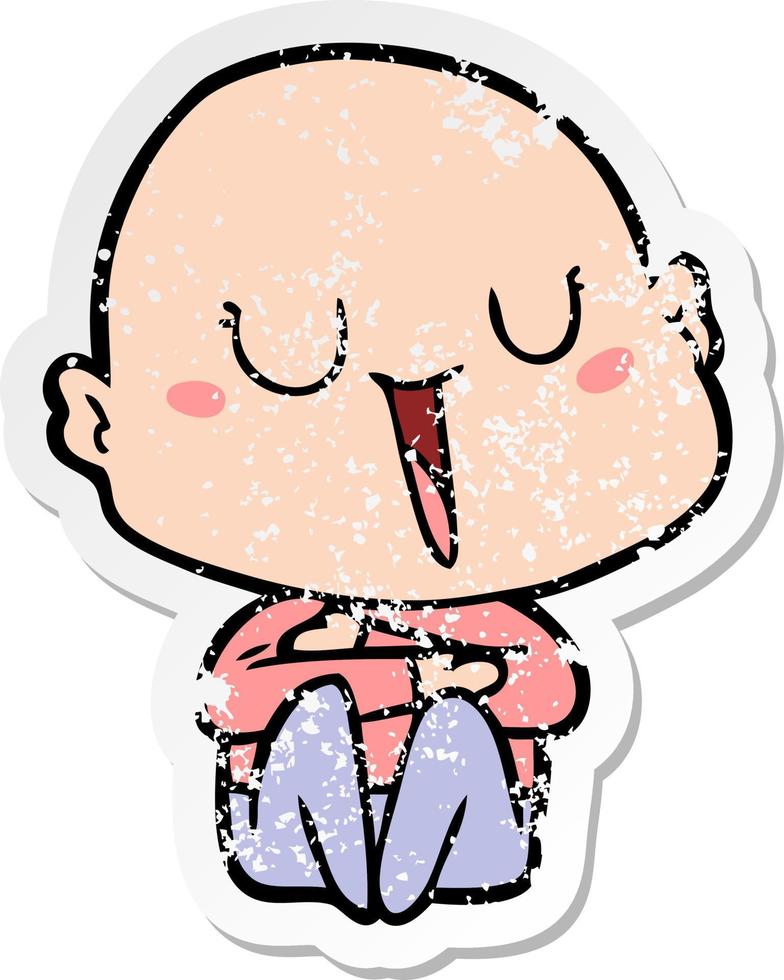 distressed sticker of a happy cartoon bald man vector