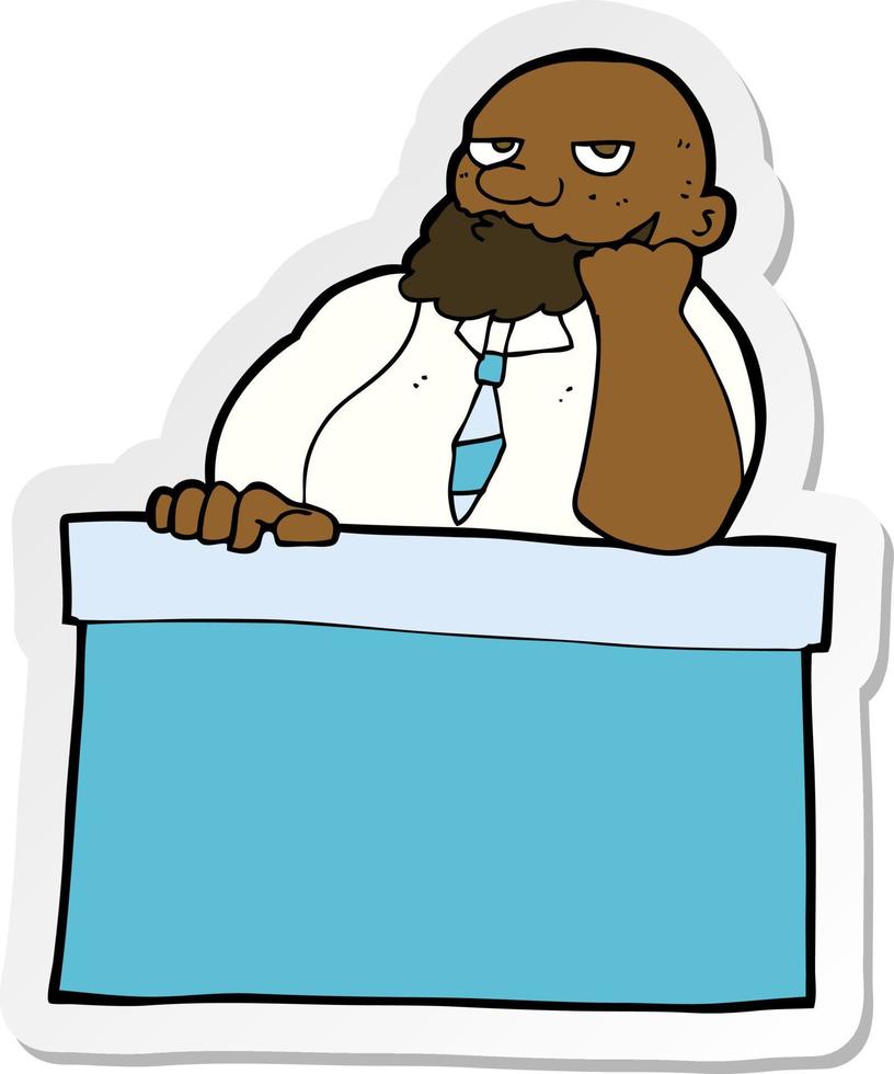sticker of a cartoon bored man at desk vector