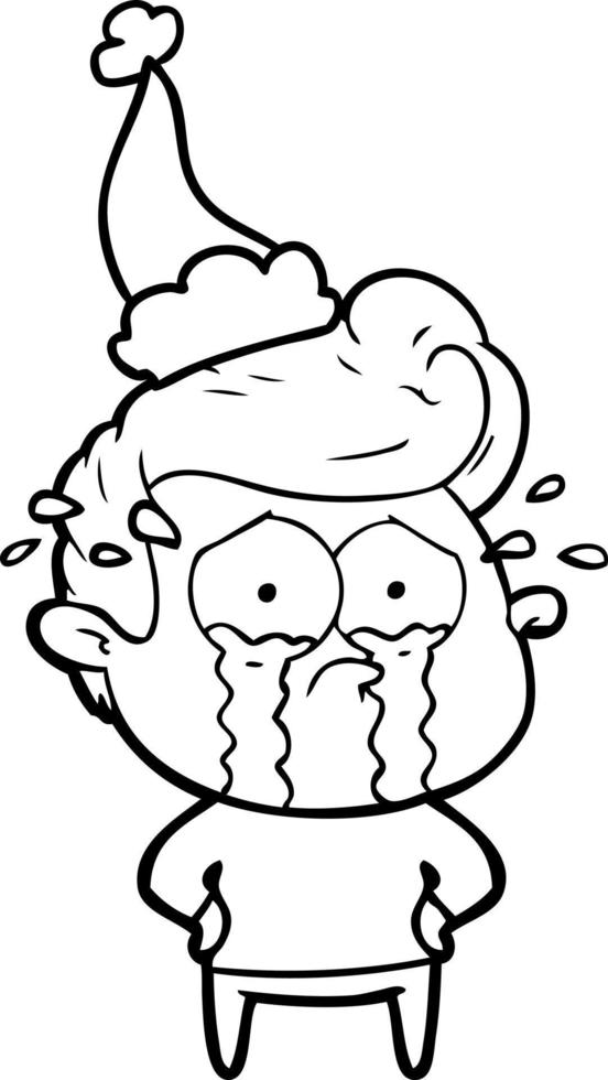 line drawing of a crying man wearing santa hat vector