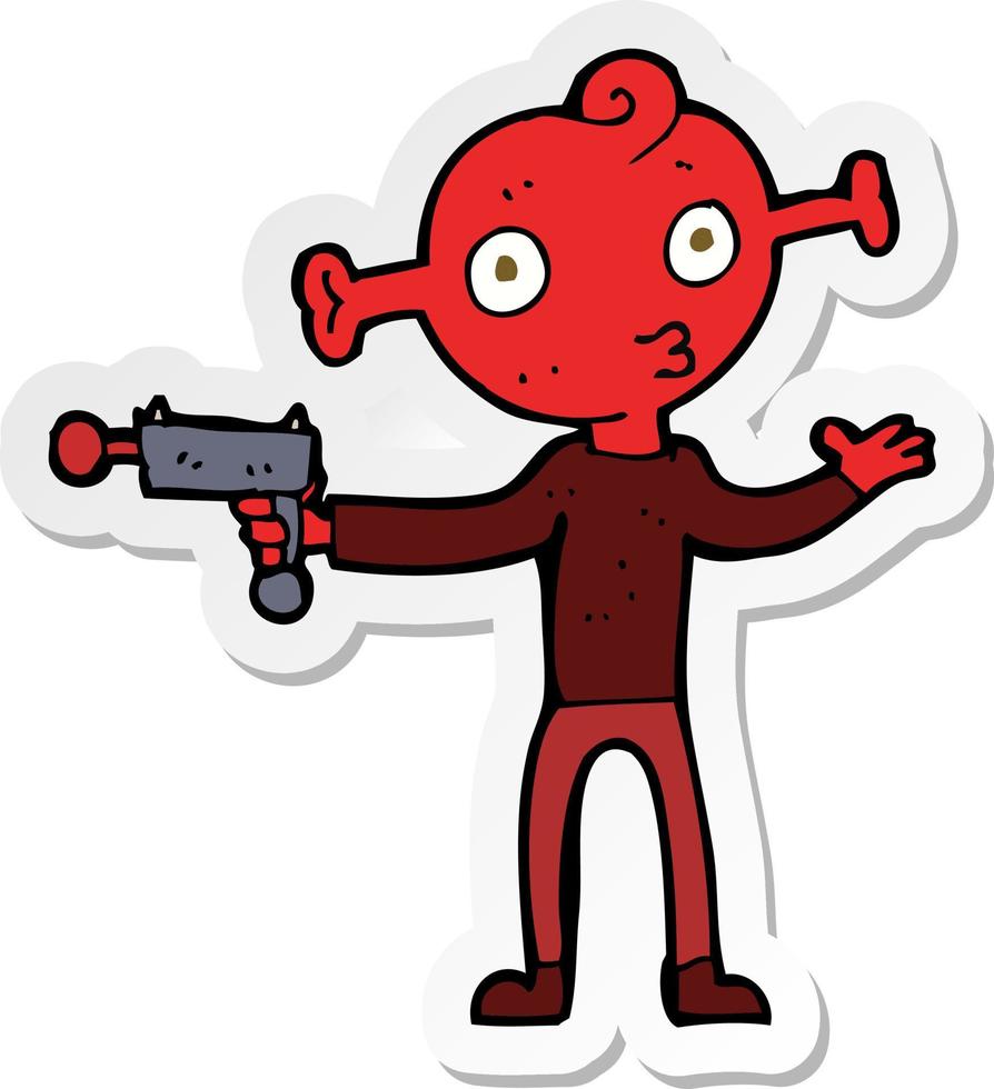 sticker of a cartoon alien with ray gun vector