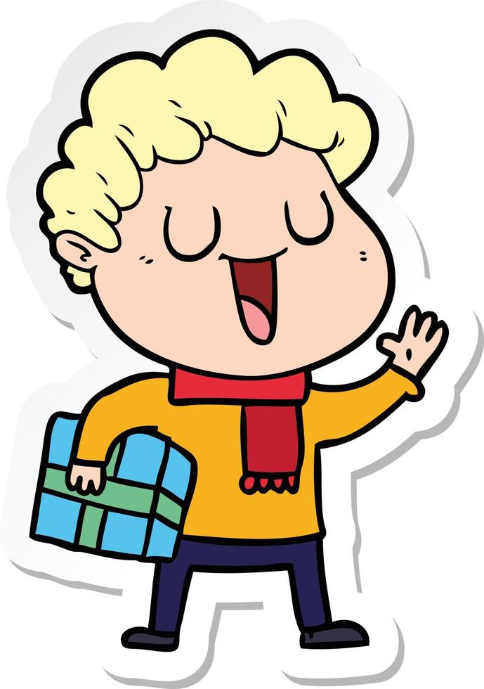 sticker of a laughing cartoon man with present vector