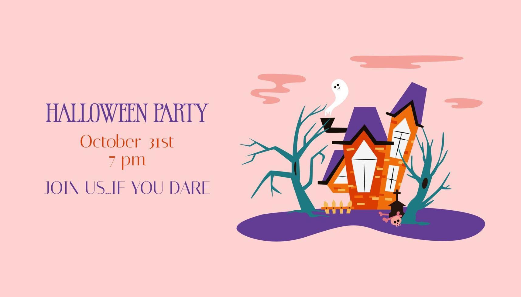 Halloween party intitation with haunted house. Spooky illustration of creepy trees, ghost and house with copy space vector