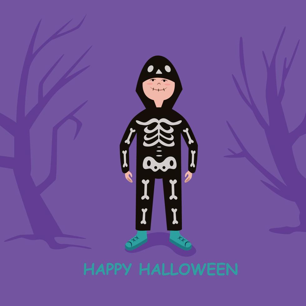 feliz y lindo niño pequeño que celebra halloween viste un disfraz de esqueleto vector