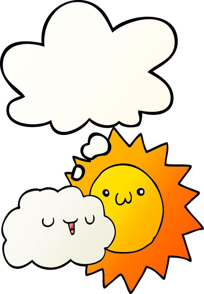 cartoon sun and cloud and thought bubble in smooth gradient style vector