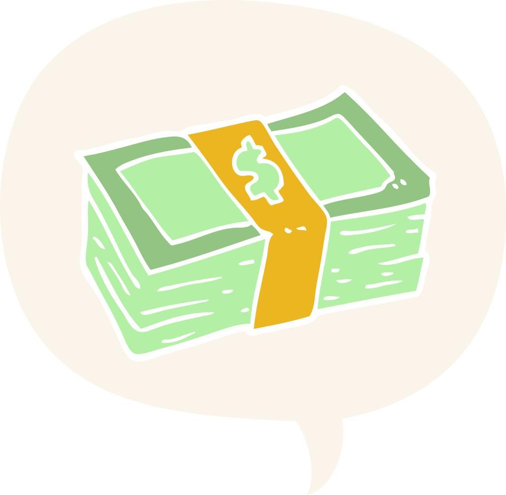 cartoon stack of cash and speech bubble in retro style vector