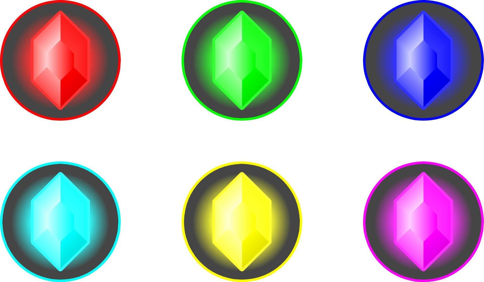 Shiny hexagon crystal gemstone set. Red green blue cyan yellow magenta gemstone for logo, icon, sign, symbol or item games. Shiny ruby, emerald, diamond, sapphire vector