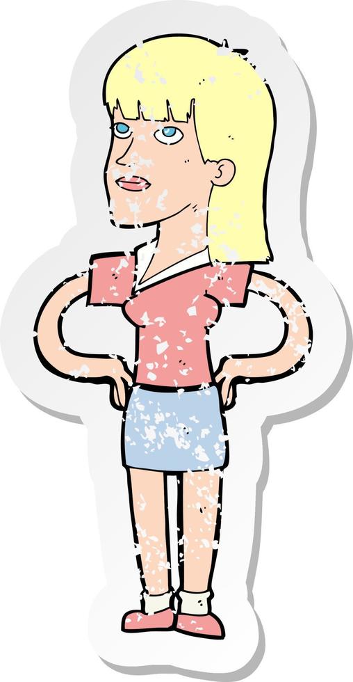 pegatina retro angustiada de una mujer de dibujos animados con las manos en las caderas vector