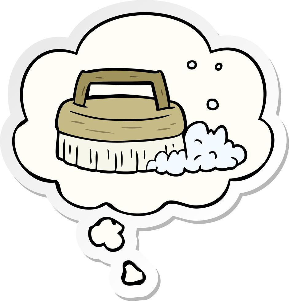cartoon scrubbing brush and thought bubble as a printed sticker vector