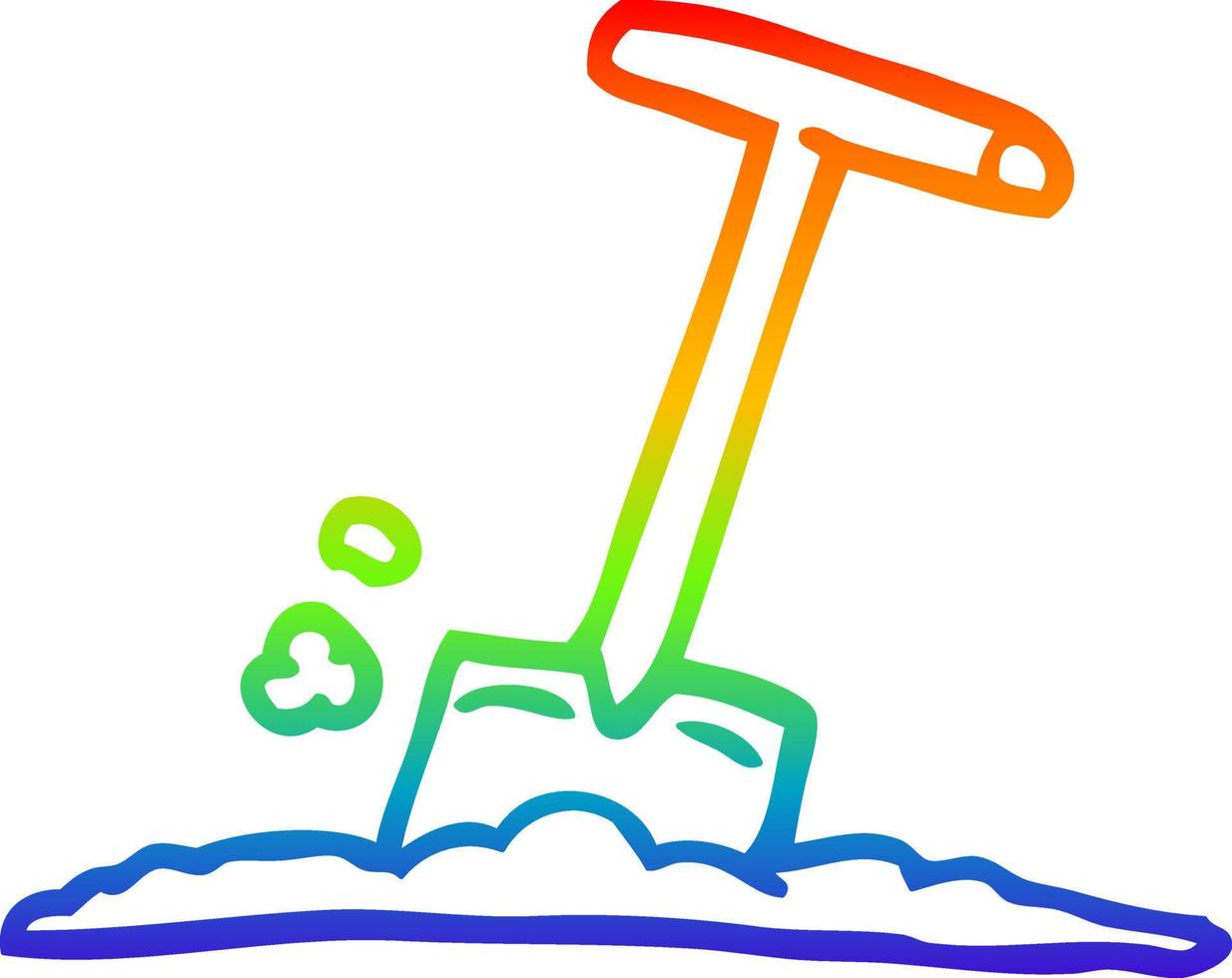 rainbow gradient line drawing cartoon shovel in dirt vector