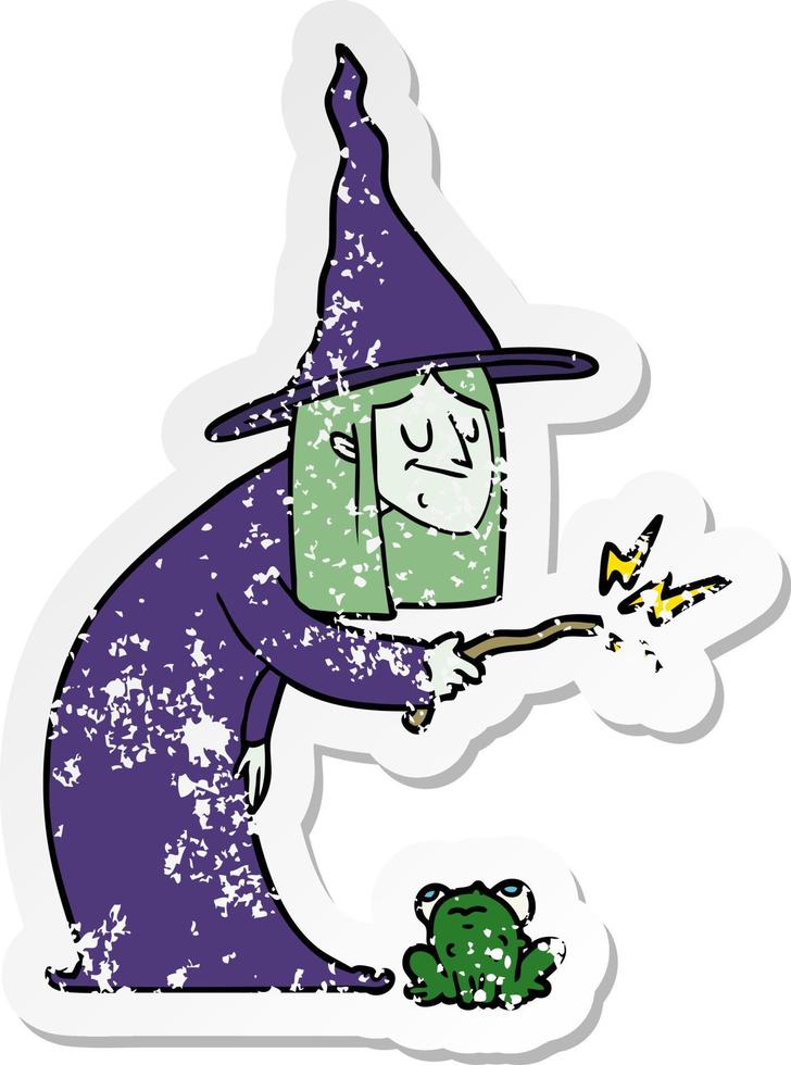 distressed sticker of a cartoon witch vector