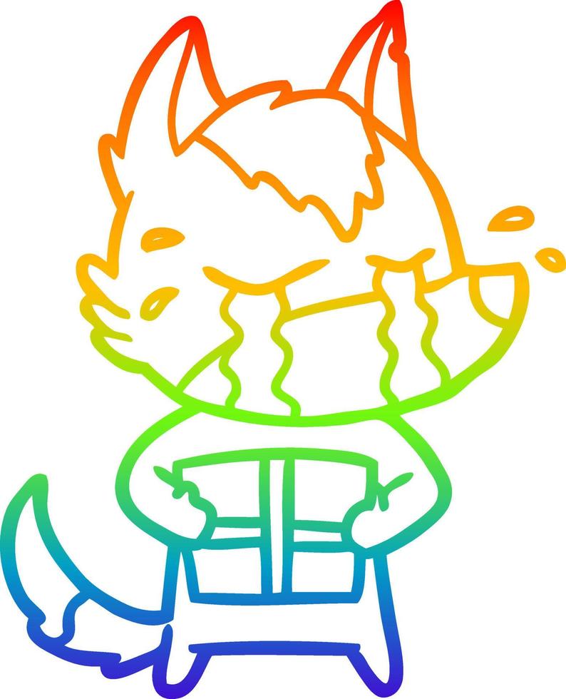 rainbow gradient line drawing cartoon crying wolf with christmas present vector