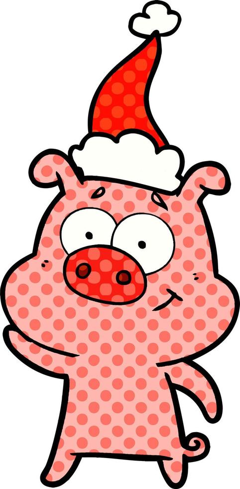 feliz ilustración de estilo cómic de un cerdo con sombrero de santa vector