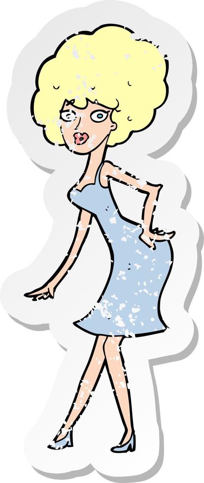 retro distressed sticker of a cartoon woman posing in dress vector
