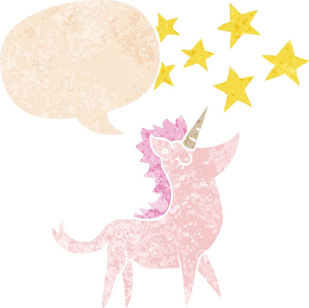 cartoon unicorn and speech bubble in retro textured style vector