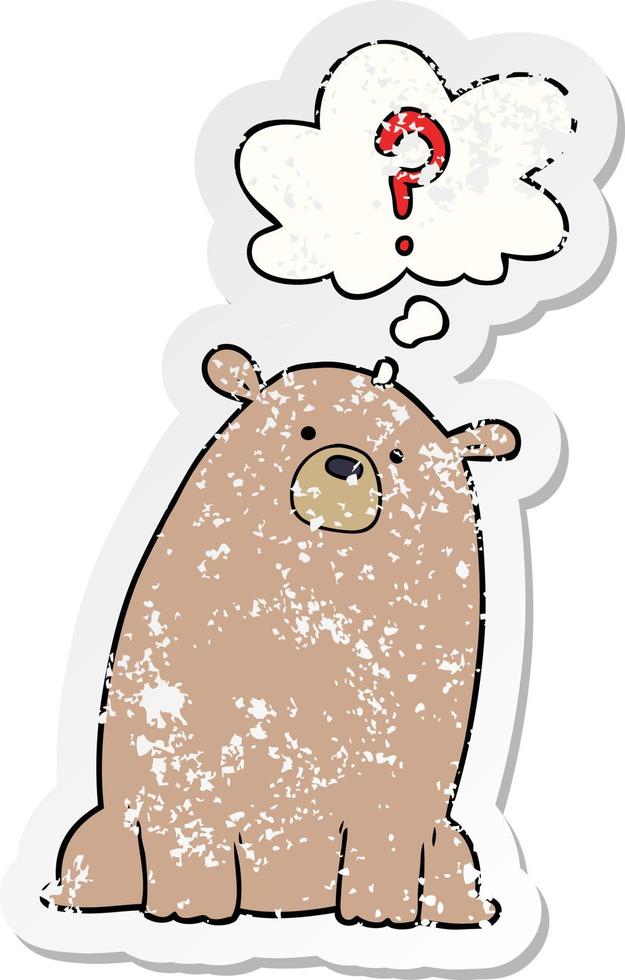 cartoon curious bear and thought bubble as a distressed worn sticker vector