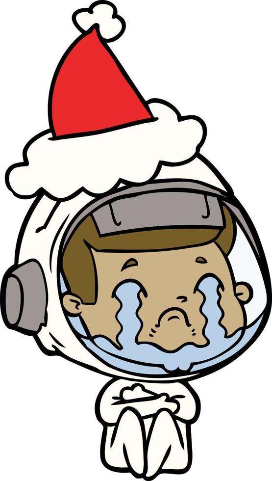 line drawing of a crying astronaut wearing santa hat vector