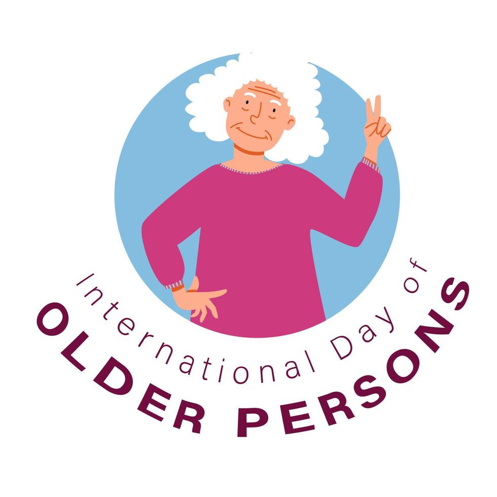 international Day of the Elderly. An elderly woman poses with a smile and shows two fingers. vector