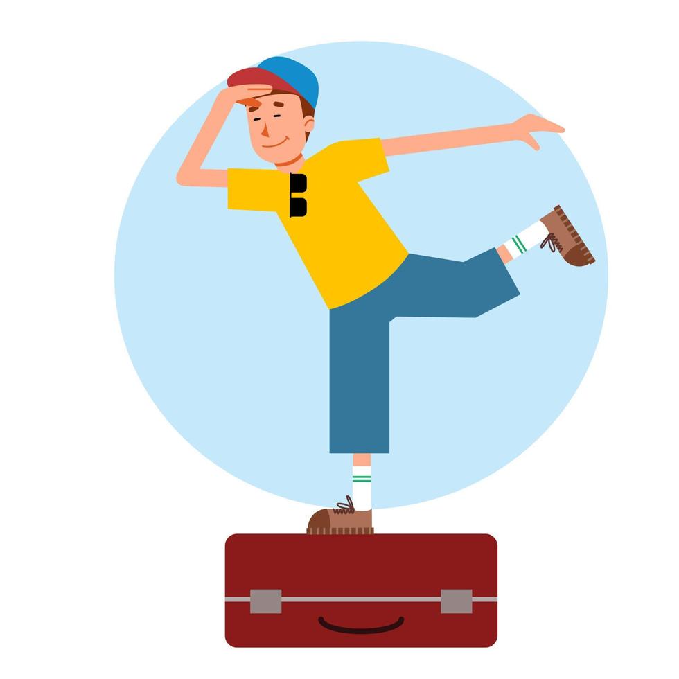 A man stands on a suitcase and looks into the distance. The man is waiting for his departure. vector