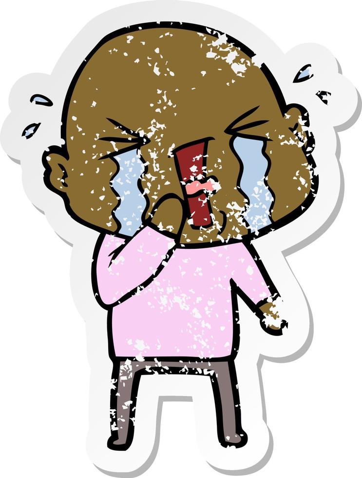 distressed sticker of a cartoon crying bald man vector