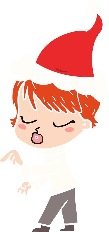 flat color illustration of a woman with eyes shut wearing santa hat vector