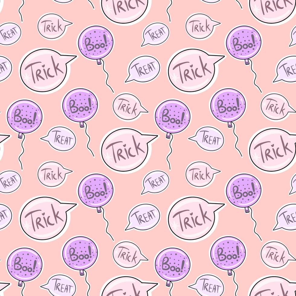 Vector Seamless pattern for Halloween. Pink background with Treats or Trick in balloons.
