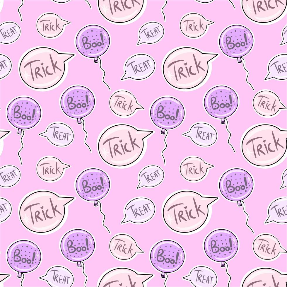 Vector Seamless pattern for Halloween on Pink background with Treats or Trick in balloons.