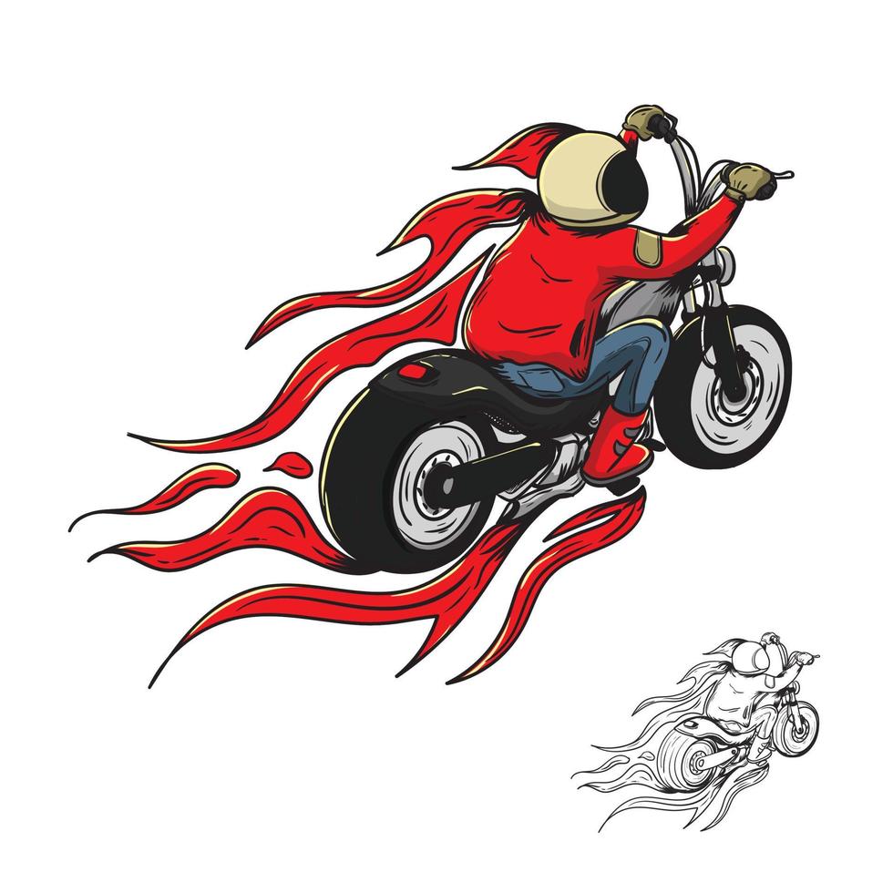 guy riding chopper with red jacket and fire burn vector