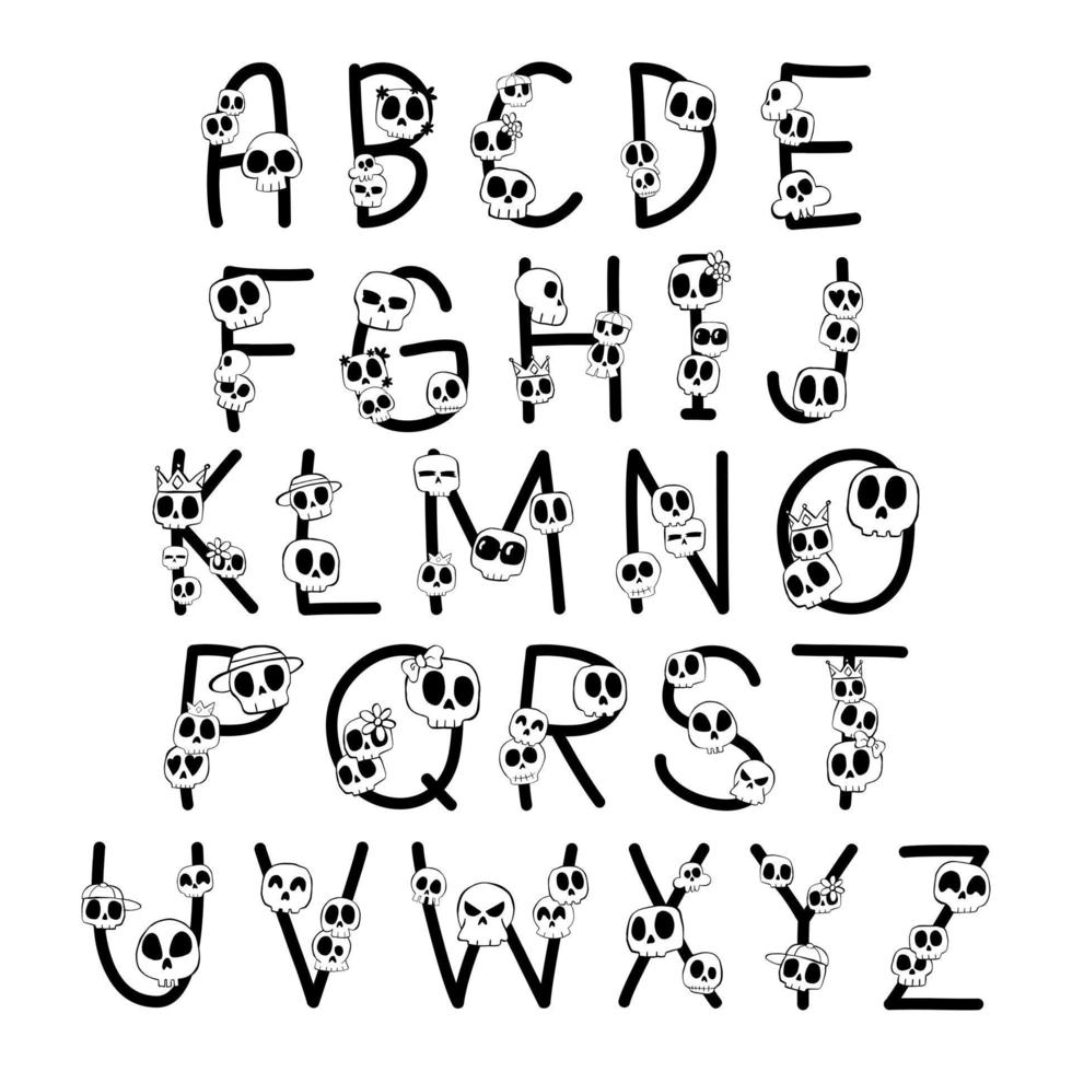 lindo alfabeto en mayúsculas con calavera. diseño de letras divertidas para la decoración. ilustración vectorial sobre letras. vector