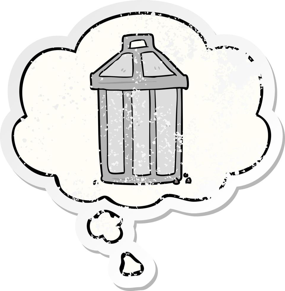 cartoon garbage can and thought bubble as a distressed worn sticker vector