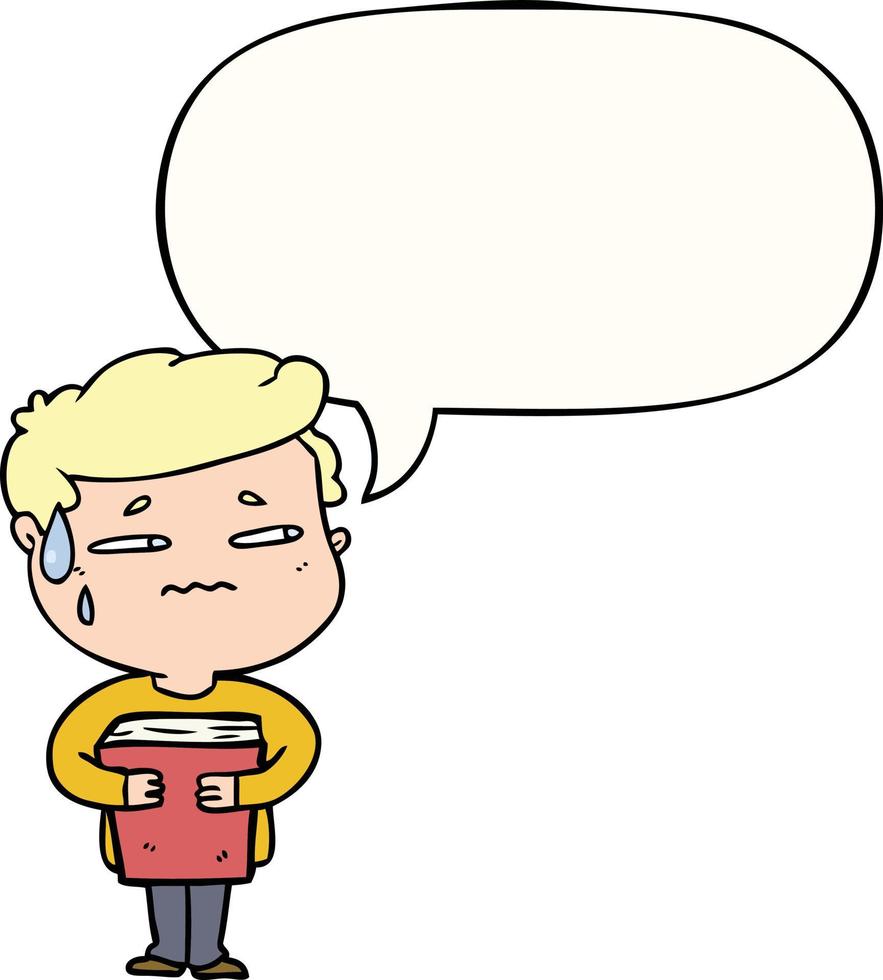 cartoon anxious boy carrying book and speech bubble vector