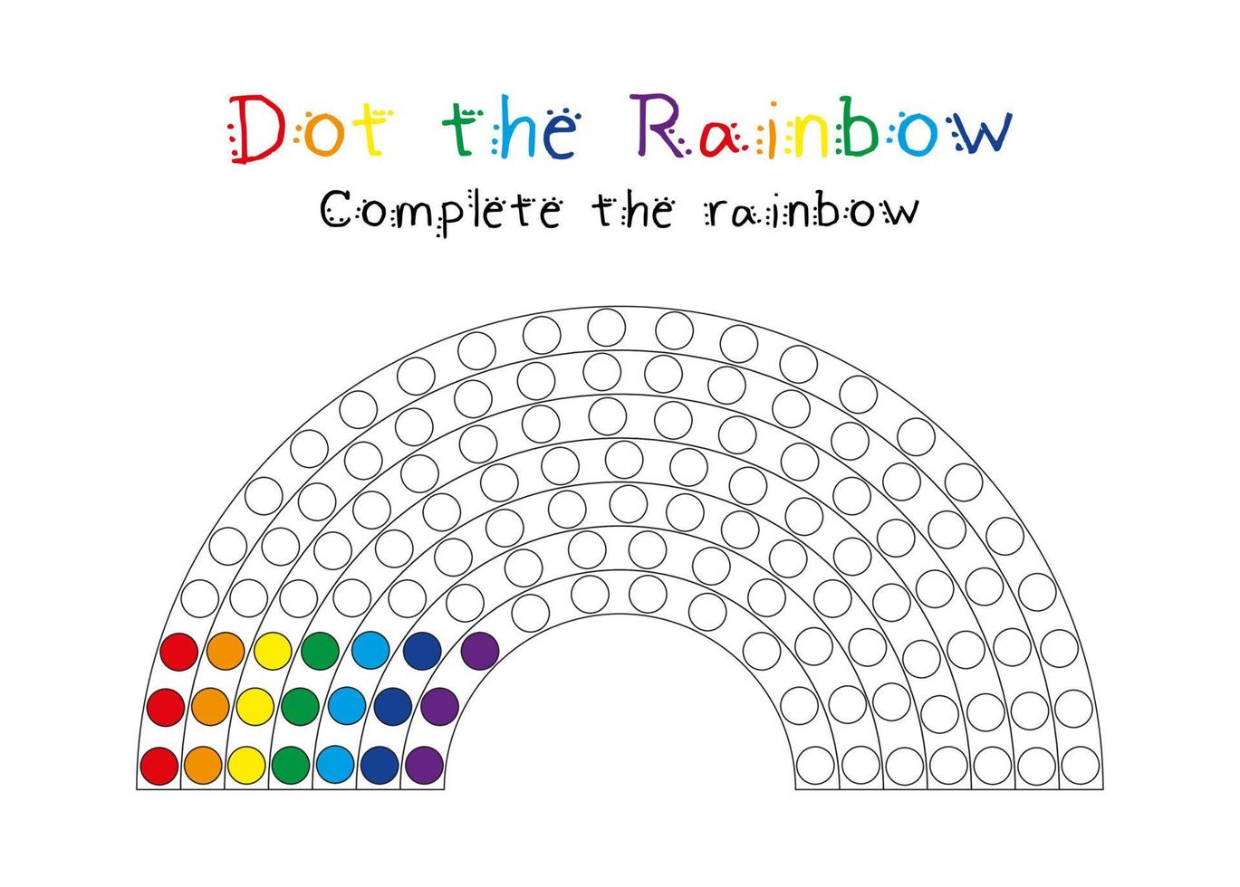 Dot the rainbow worksheet for toddler and preschool kids. Funny activity with markers or playdough. Do a dot painting. Educational game. Fine motor skills activity vector