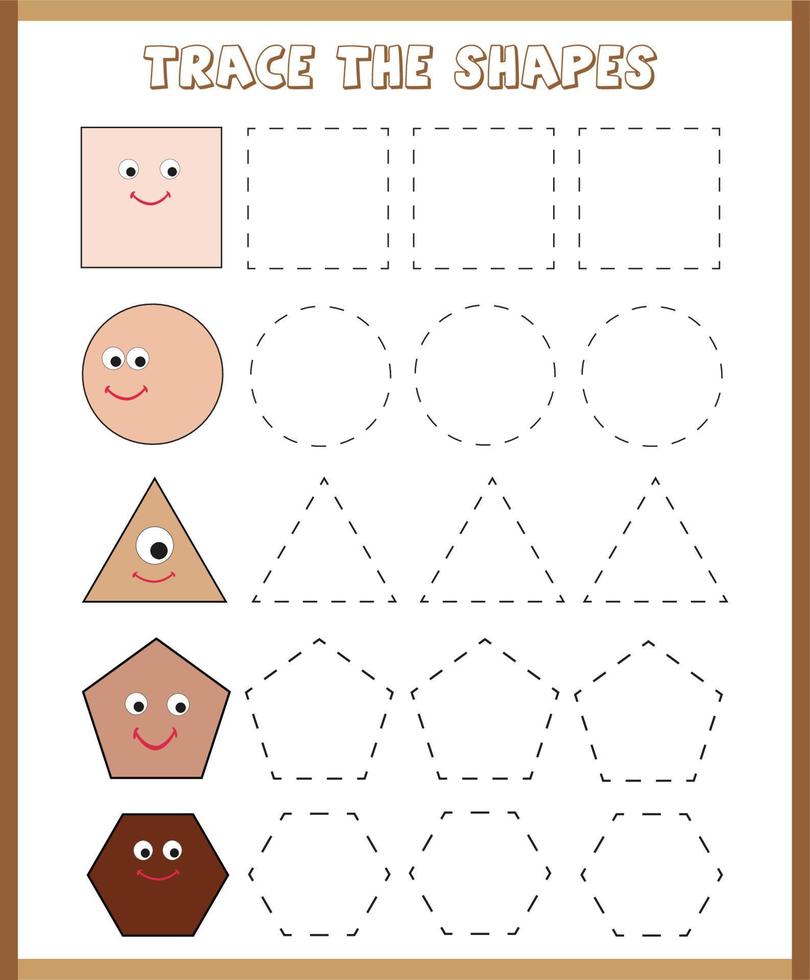 Handwriting practice for kids. Trace the shapes worksheet. Tracing practice for preschool education. Fine motor skills vector