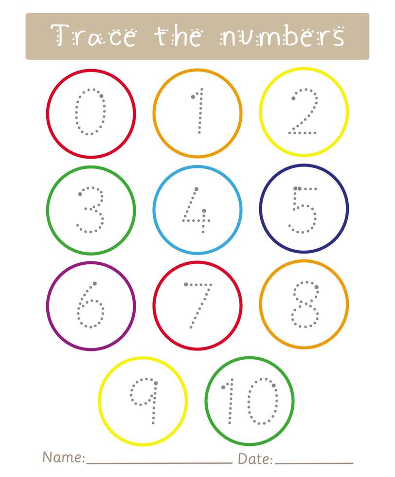 Trace the numbers 0 to 10 worksheet for kids. Tracing practice activity. Preschool handwriting exercise. Fine motor skills vector