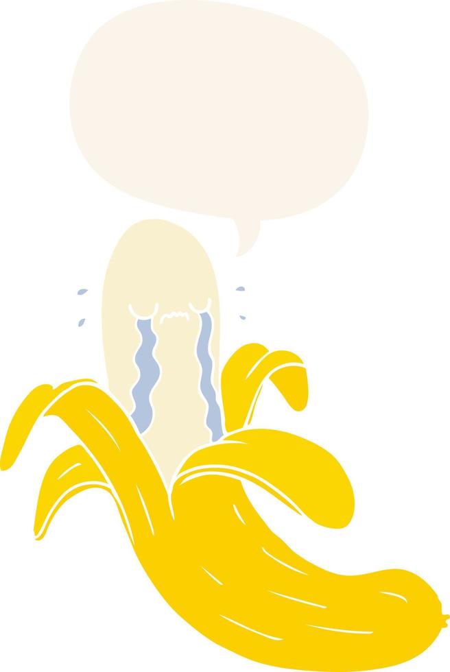 cartoon crying banana and speech bubble in retro style vector