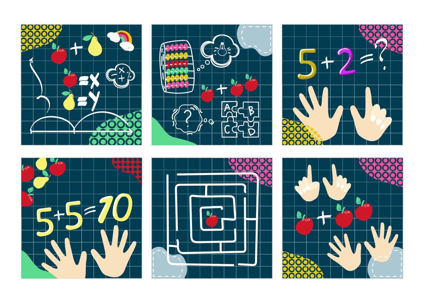 conjunto de plantillas de diseño para la escuela de matemáticas mentales, curso de matemáticas, niños creativos. de nuevo contando con los dedos. Matemáticas. laberinto. rompecabezas concepto de ilustración vectorial de diseño moderno para el diseño de sitios web vector