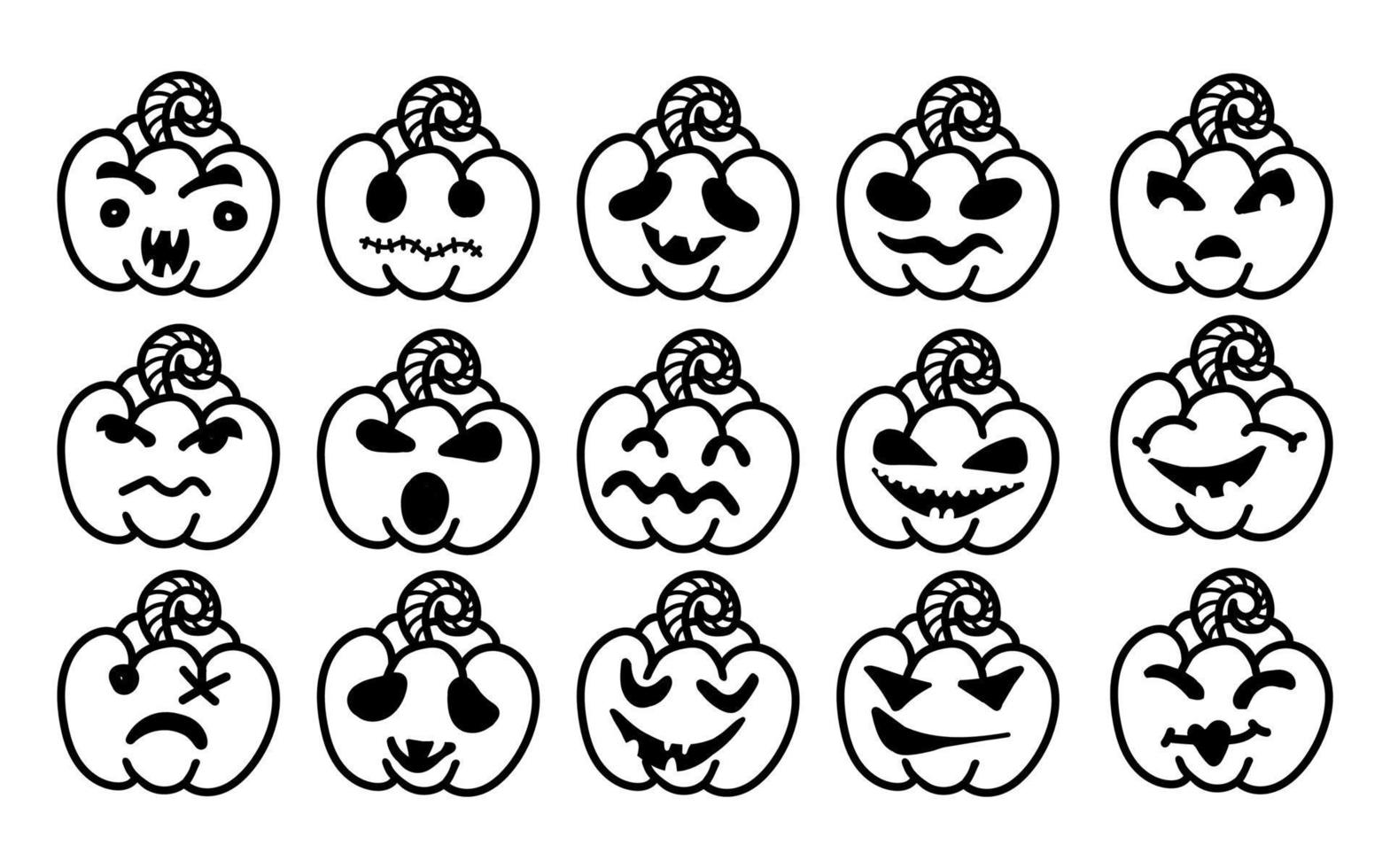 A set of hand-drawn Halloween pumpkin icons. Funny pumpkins isolated on a white background. Faces of monsters. Jack's head. Design elements for logo, badges, banners, posters. Vector illustration