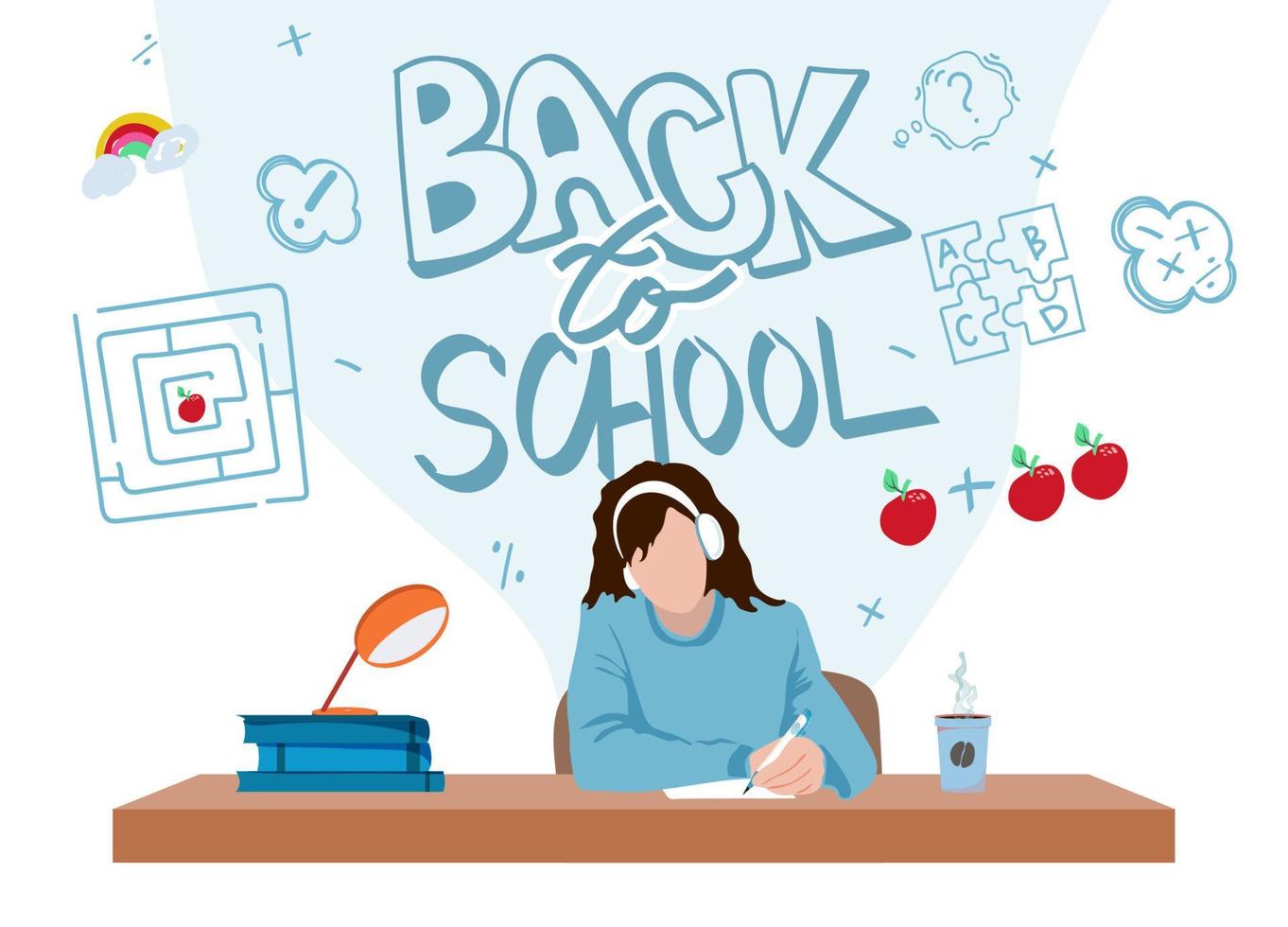 Handwritten inscription Back to School. Classroom with a student. The girl is writing an assignment. Books on the table. School desk. Letters with different patterns. Vector illustration in flat style