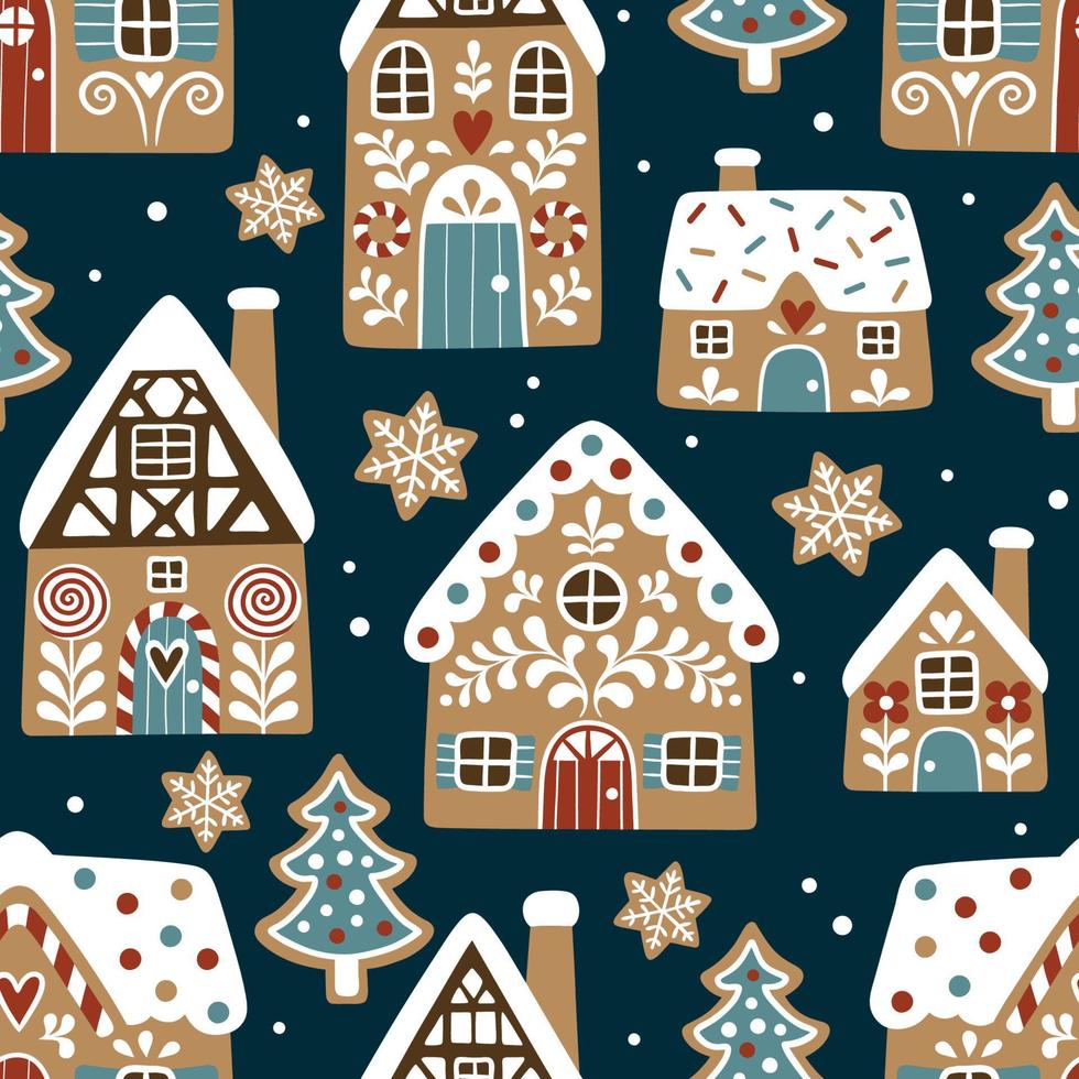 Seamless pattern with cute gingerbread houses and cookies on dark blue background. Perfect for textile, wallpaper or print design. vector